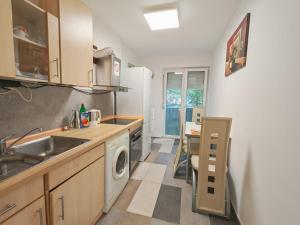 a kitchen with a sink and a washing machine at Apartman Lola Ruža in Zrenjanin