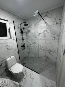 a white bathroom with a shower and a toilet at Apartment Vucetic in Sutvara
