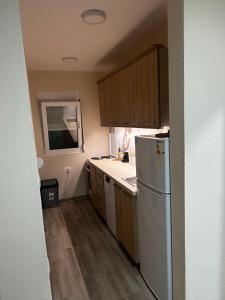 a kitchen with a white refrigerator and wooden cabinets at Apartment Vucetic in Sutvara
