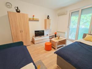 a living room with a bed and a tv in it at Apartman Lola Ruža in Zrenjanin +19 photos