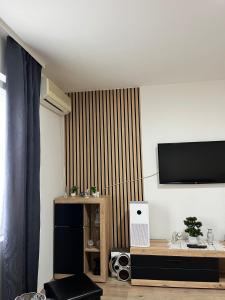 a living room with a television on a wall at Apartman Pejovic N in Smederevo