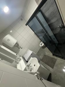 a bathroom with a sink and a toilet and a mirror at Apartment Balkan in Modriča +6 photos