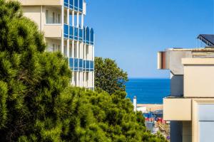 a view of a building with the ocean in the background at Hotel New Primula in Rimini