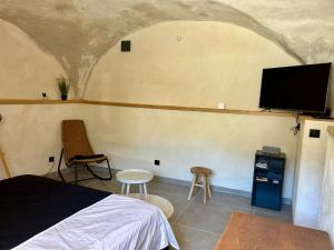 a bedroom with a bed and a flat screen tv at Studio le Replat in Aime-La Plagne