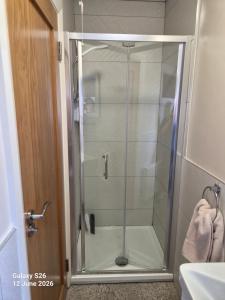eine Dusche mit Glastür im Badezimmer in der Unterkunft corrygarry in Kingscourt