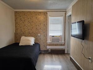 a bedroom with a bed and a television and a window at Dinosaur Hotel in Drumheller