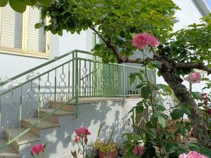 a staircase with a green railing and pink flowers at VERDEDERA Casa Vacanze in Portocannone