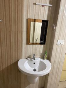 a bathroom with a white sink and a mirror at Kalliyattu Homestay in Palakkad