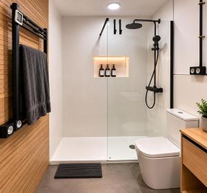 a bathroom with a shower and a toilet at Holibai Mirada do Roxo 3 suites y vistas al mar in Oia