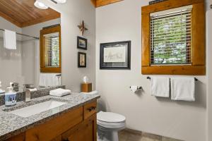 a bathroom with a sink and a toilet and a window at 823 Mountain Cabin in Boyne Falls +56 photos