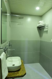 a white bathroom with a sink and a shower at The Marwar regency Hotel in Jodhpur