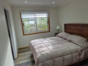 a bedroom with a large bed and a window at Complejo Alto La Invernada in Las Trancas