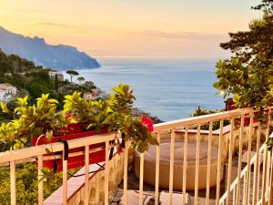 a balcony with plants and a view of the ocean at Villa Nina Amalfi in Amalfi
