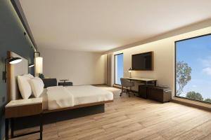 a hotel room with a bed and a desk and a television at Courtyard by Marriott Torreón in Torreón