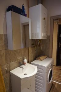 a bathroom with a sink and a washing machine at Baltic Rooms Gdańsk in Skorka