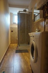 a bathroom with a shower and a washing machine at Baltic Rooms Gdańsk in Skorka