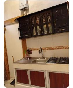 a kitchen with a sink and a stove and cabinets at Guaduales Apartamento in Salento