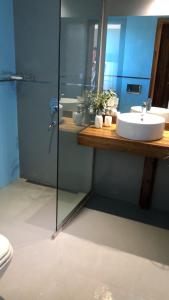 a bathroom with a sink and a glass shower at Abismo Privado Cabaña de Lujo con Jacuzzi in San Rafael +17 photos