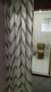 a bathroom with a toilet and a wall with stripes at Jack & Ace in Durban