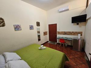 a bedroom with a green bed and a desk at Villa Stahl in San Salvador