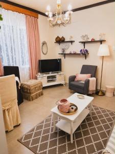 a living room with a table and a tv at Kikas Stone House in Ávaton