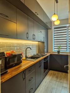 a kitchen with a sink and a microwave at Boutique Apartment Suceava Modern Parcare WiFi Rapid in Ipoteşti +6 photos