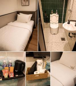 a collage of pictures of a bathroom with a bed and a toilet at THE SWAN loft in Sibu +28 photos