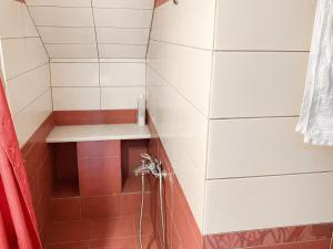 a bathroom with a shower with a tile wall at Sady's House in Yimnón