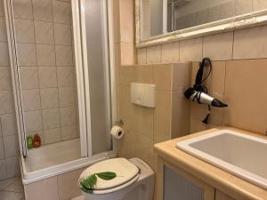 a bathroom with a toilet and a sink and a mirror at Hygge Cabin in Rostock +5 photos