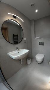 a bathroom with a sink and a mirror and a toilet at Willa Wladek in Władysławowo