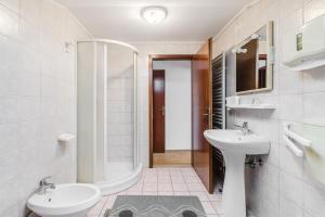 a bathroom with a sink and a toilet and a mirror at Turistična kmetija Široko in Tolmin +24 photos