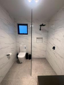 a bathroom with a toilet and a tv on the wall at Derwent Waters Hideway in Austins Ferry