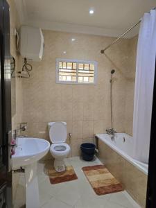 a bathroom with a toilet and a sink and a bath tub at Luxury Home Away in Aja