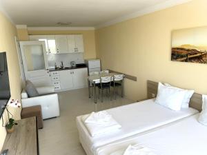 a living room with a bed and a kitchen at Stamopolu Lux ground floor in Primorsko