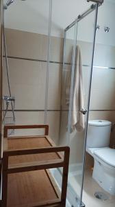 a bathroom with a toilet and a glass shower at Apartamento La Camelia in Rosal