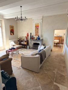 a living room with two couches and a fireplace at La Brèche - Mansion with swimming pool in Velleron