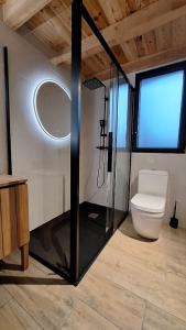 a bathroom with a toilet and a glass shower at Villa Annabelle "Azur" appartement de charme entre océan et forêt à Messanges in Messanges