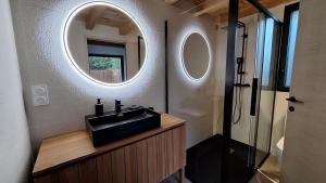 a bathroom with a sink and a mirror at Villa Annabelle "Azur" appartement de charme entre océan et forêt à Messanges in Messanges +13 photos