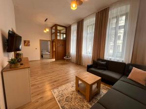 a living room with a couch and a tv at Ebram Apartments Görlitz in Görlitz