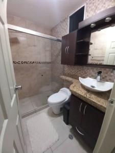 a bathroom with a toilet and a sink and a shower at Great for Relaxing in SC in San Cristóbal +11 photos