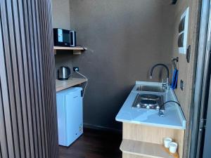 a small kitchen with a sink and a microwave at Apalta Vista Wine Lodge in Estación Santa Cruz
