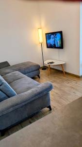 a living room with a couch and a flat screen tv at Ferienwohnung Am Kleinen Haff in Garz