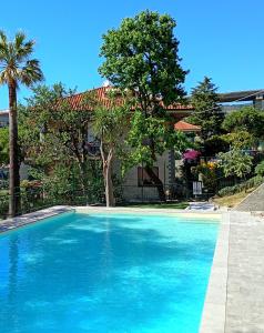 a large blue swimming pool in front of a house at Le Mimose Garden in Bordighera