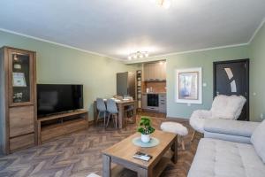 a living room with a couch and a tv at V&G Apartments in Kyustendil