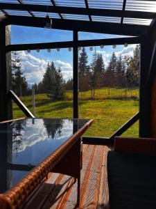 ein Glastisch auf einer Terrasse mit Blick auf ein Feld in der Unterkunft Vatra Muntilor in Neagra Şarului