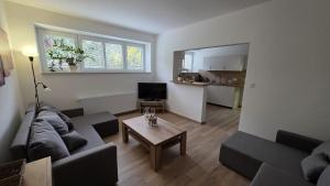 a living room with a couch and a table at Apartmán U splavu Luhačovice in Luhačovice