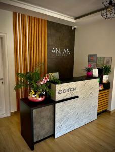 an office with a reception desk with potted plants at Pensiunea AN de AN Remeti in Remeţi
