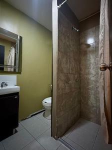 a bathroom with a shower with a toilet and a sink at Hotel Portal & Suites in Ciudad Hidalgo +24 photos