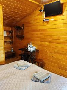 a bedroom with a bed with a tv on a wooden wall at Motel KOKOS in Kosiv
