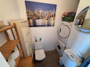 a bathroom with a washing machine and a painting on the wall at Parc National des Calanques, LA FLIBUSTE DES GOUDES Maison 2 chambres CLIMATISEE, jardins Jaccuzzi proche plage large vue mer PARKING reserve a l arrivee in Marseille +45 photos